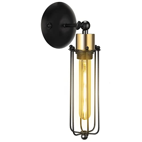 Bathroom Vanity Light Fixture, Industrial Black and Gold Wall Sconce with Metal Cage, Farmhouse Vanity Light, Vintage Wall Lamp for Dressing Table, Mirror Cabinets, Kitchen, Living Room