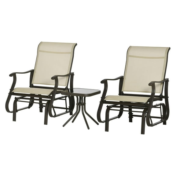 3-Piece Gliding Outdoor Furniture Set, Patio Glider Chairs with Table, Steel Frame, Tempered Glass Top, Beige Rocking Chairs for Garden, Balcony, Yard