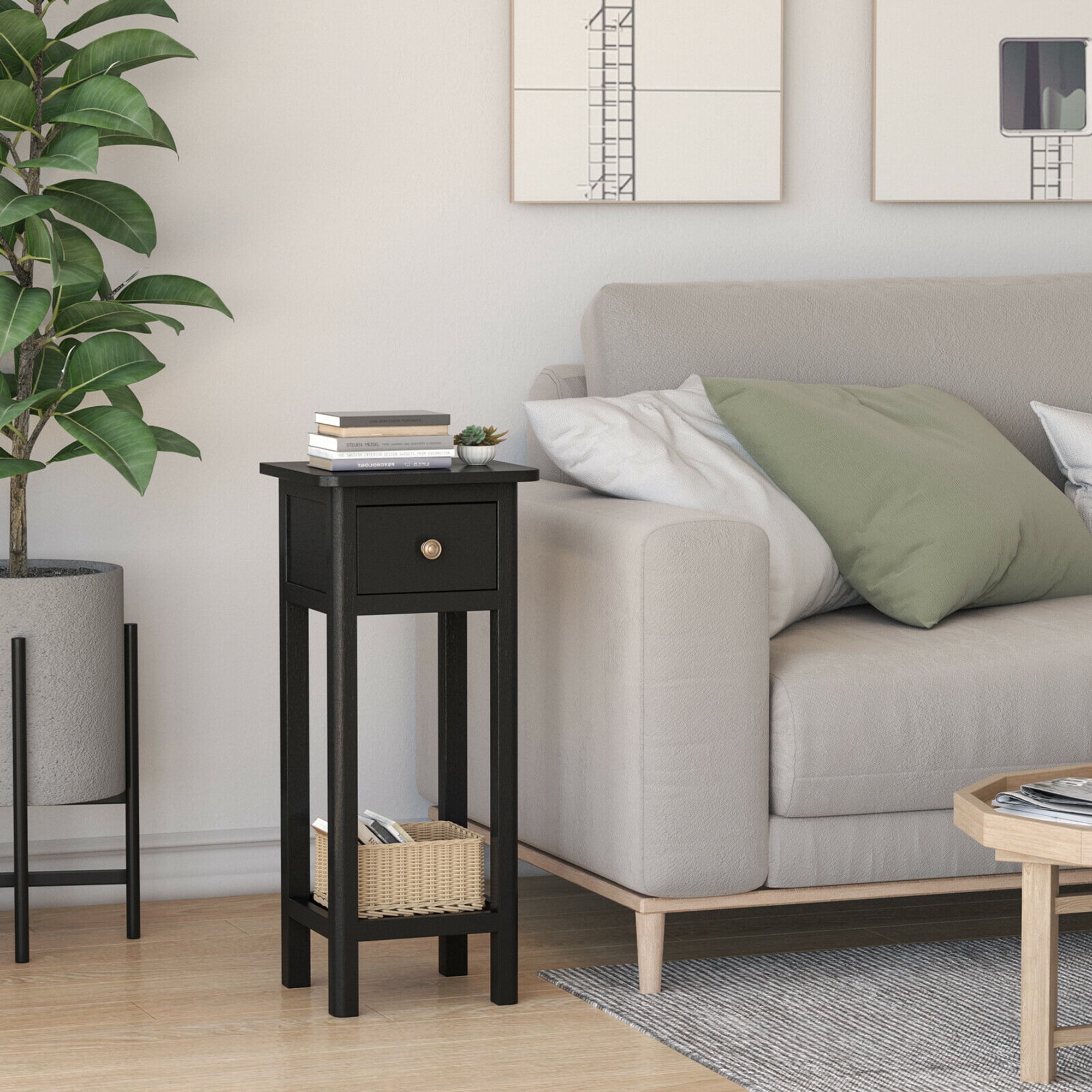 Gymax Acacia Wood Side Table with Drawer, Black