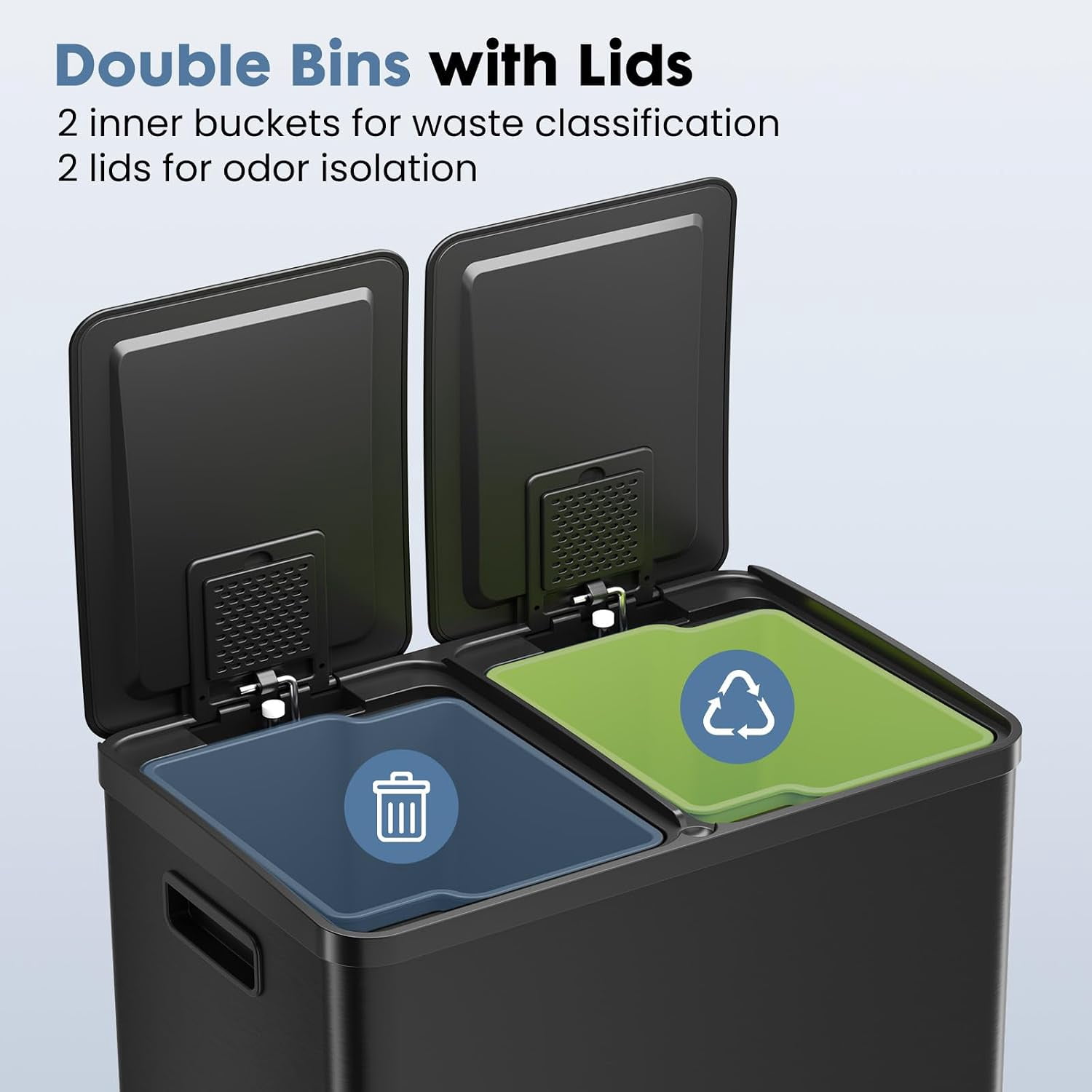 Dual Trash and Recycling Bins for Kitchen, 2x8-Gallon Dual Trash Can with Lid, Stainless Steel Garbage Bin with 2 Removable Inner Buckets, for Kitchen, Home, Glossy Black