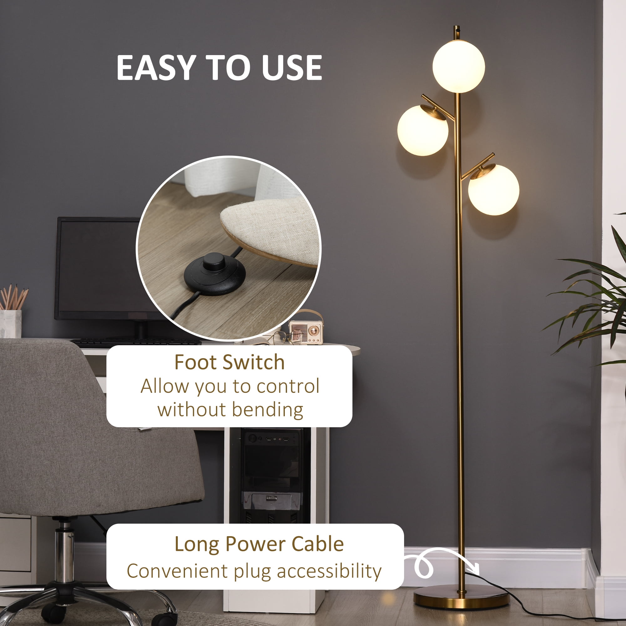 HOMCOM 3-Light Modern Floor Lamp for Living Room Bright Lighting, Tree Standing Lamp for Bedroom with Globe Lampshades, Gold