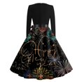 thumbnail image 7 of Women's Casual Dress Long Sleeve Round Neck New Year Printed Vintage Loose Fit Midi Dress for Spring Fall Holiday,Black,L, 7 of 7