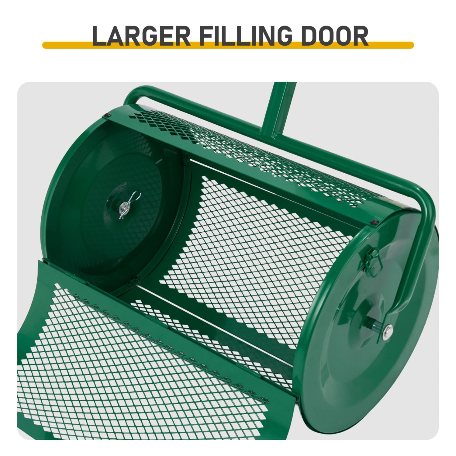 Compost Spreader with Adjustable Handle, 24" Wide, Lawn and Garden Peat Moss Roller with Side Latches, Powder Coated Steel Mesh Basket for Spreading Manure, Topsoil, Green