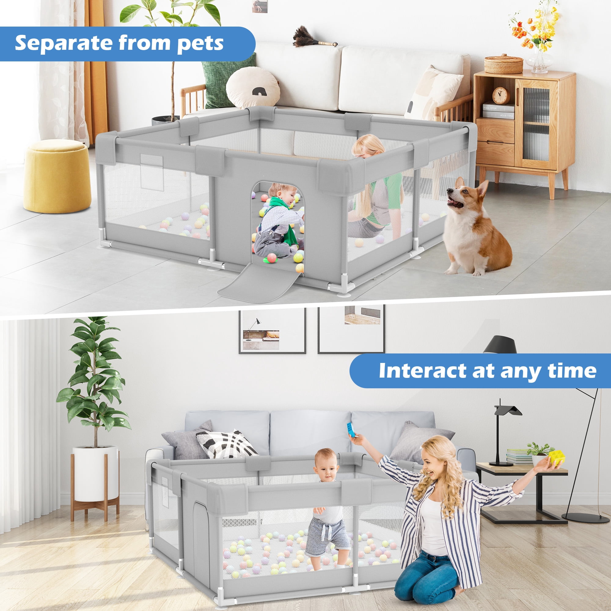 babyeap Baby Playpen,50x50 Inch Baby Playards for Babies and Toddlers,Fence Baby Play Yards for Indoor & Outdoor with Breathable Mesh,Light Gray