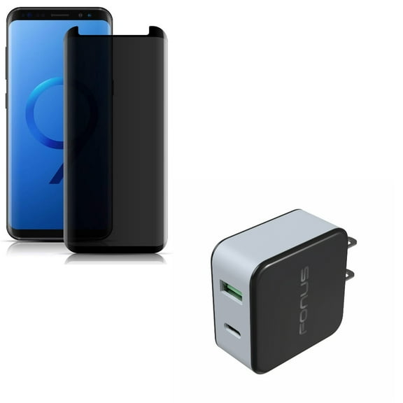Compatible With Samsung Galaxy S9 - Anti-Peep Privacy Tempered Glass Screen Protector 3D w 36W 2-Port USB Home Wall Quick Charger Fast Type-C [USB-C] Port