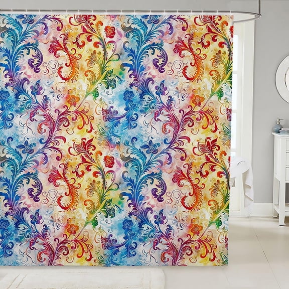 Colorful Floral Shower Curtain Boho Rainbow Damask Fabric Bathroom Decor with Hooks 71x71 inches