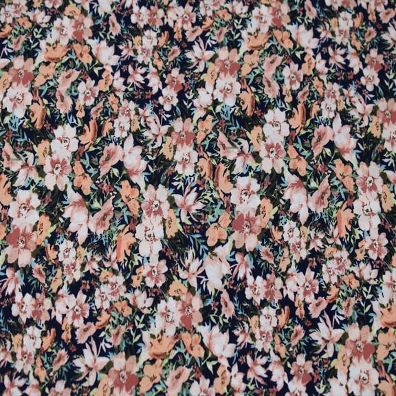 Navy Peach Latte Ditsy 58" Wide Printed 100% Polyester Moroccan Fabric-120GSM, Lightweight, Non-Stretched, Anti-Wrinkle & Breathable-Apparel, Dresses, Draperies, Headbands & DIY.