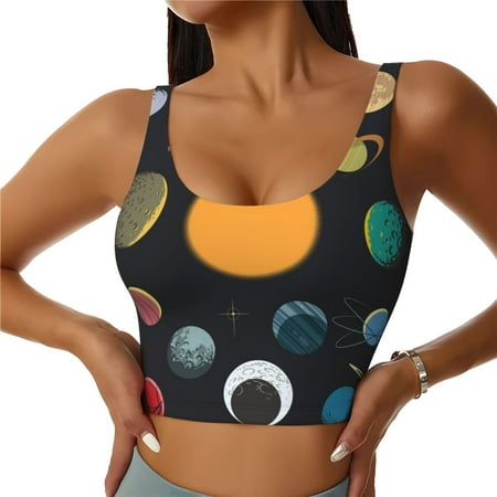 Adobk Planets And Their Moons Print Sports Bras for Women Longline Workout Crop Tank Tops Padded with Built in Shelf Padded Sports Bra-Medium