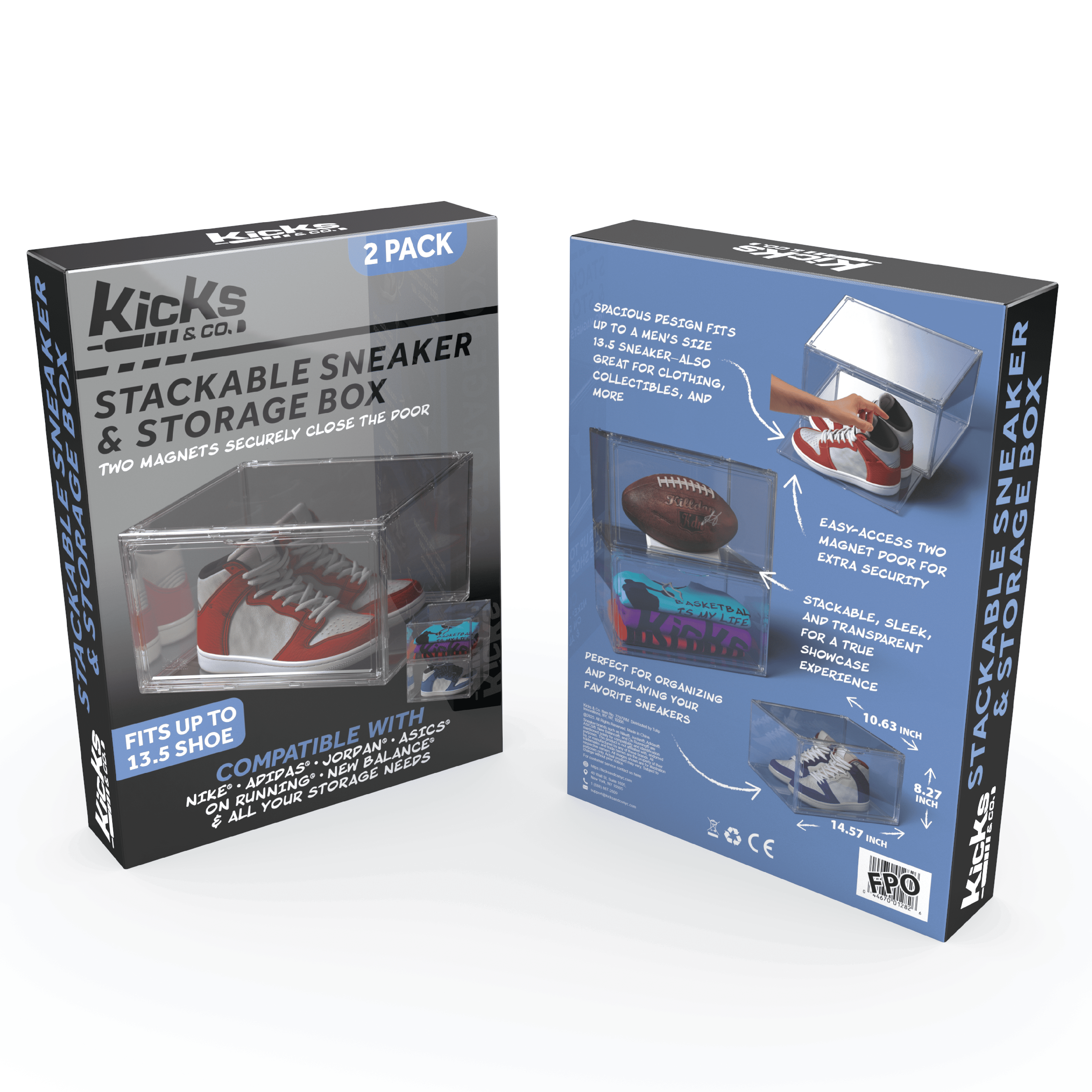 Kicks & Co XL Clear Plastic Shoe Storage Box, Stackable with Lids for Sneakers up to Size 13, 2 Pack