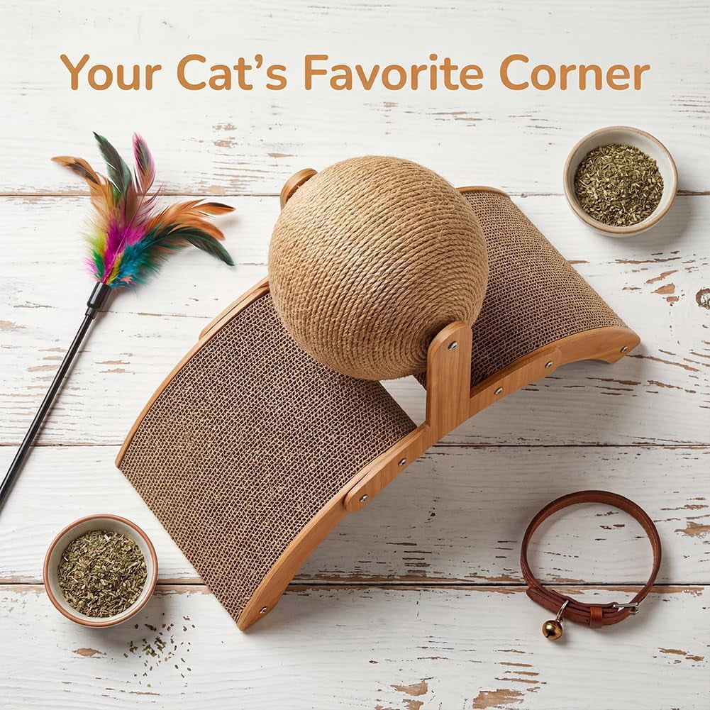 Cat Scratching Ball on Stand, 2026 Upgrade Wobble Ball Cat Scratcher with 360° Rotating Sisal Ball, Interactive Cats Arch Scratcher Toy for Indoor Cats, Wear-Resistant Protects Furniture & Rugs (M)
