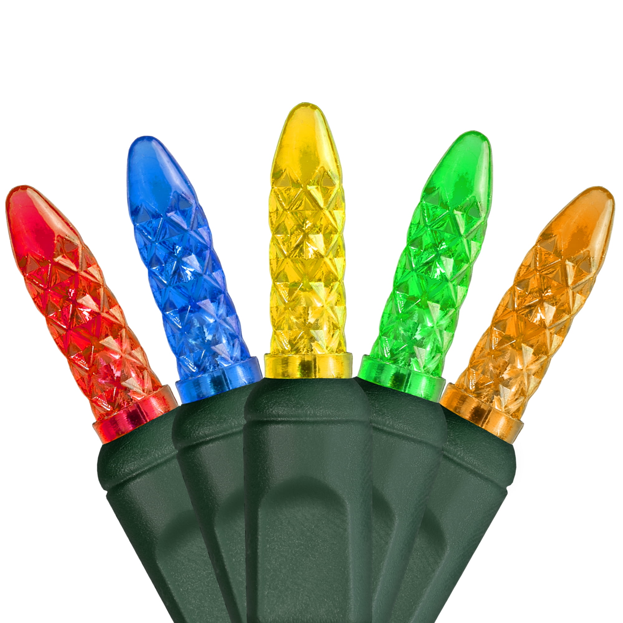 Wintergreen Lighting 70 Multicolor LED Christmas Tree Lights, 4" Spacing, 24', Faceted String Lights for Holiday Party Decoration