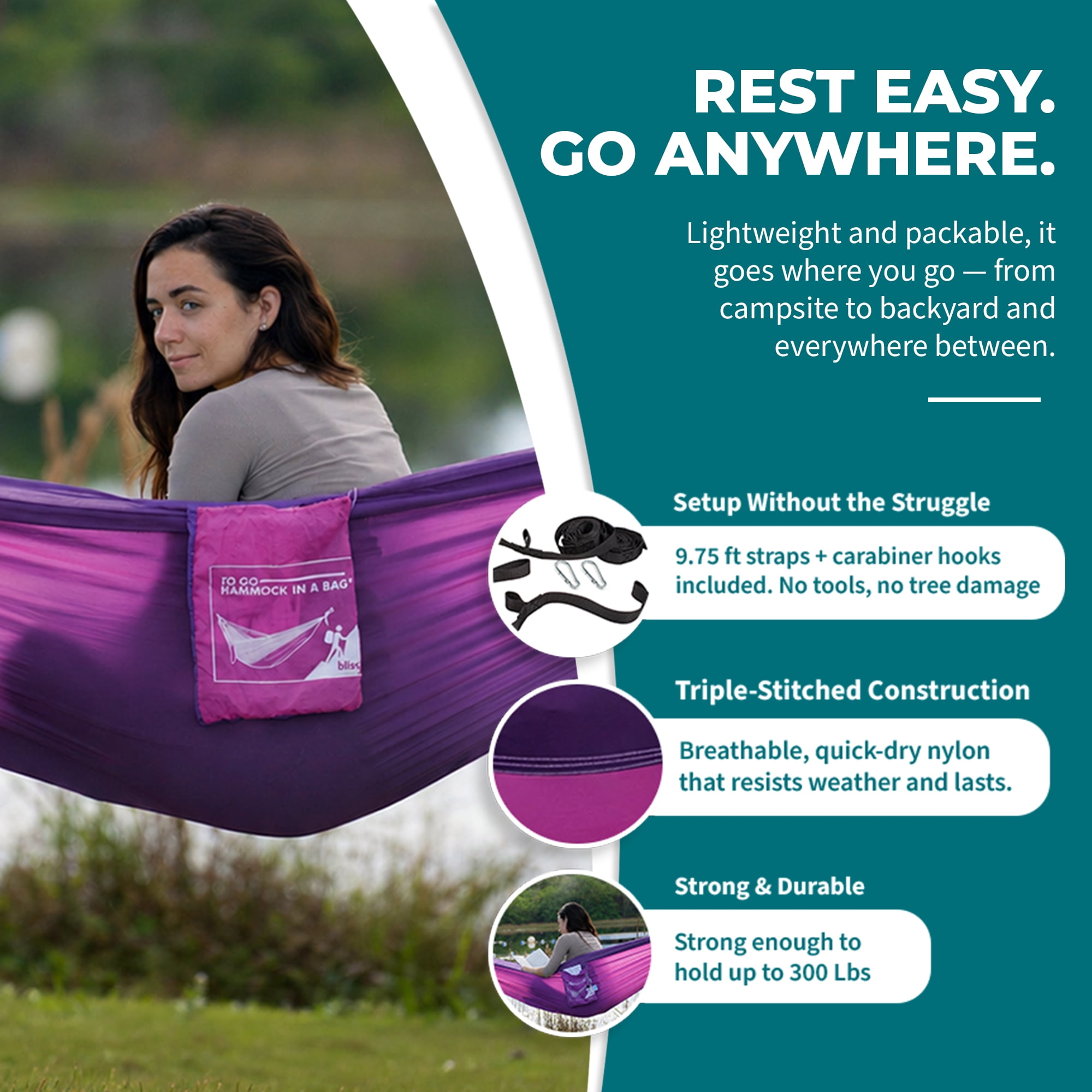 Bliss Hammocks Hammock in a Bag with Carabiner Hooks and Tree Straps, Pink Purple