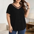 thumbnail image 2 of QIUOMBBP Womens Oversized Tee Shirts Cute Curved Hem Short Sleeve Blouse Tunic Solid Color Casual V Neck Summer Tops Black Black, 2 of 7