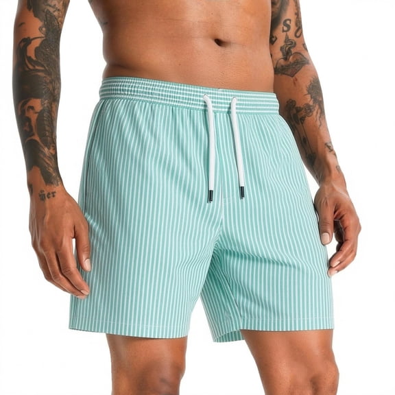 USNSM Mens Quick Dry Striped Swim Trunks Shorts Drawstring Eastic Waistband Bathing Suit with Mesh Lining Swimming Shorts Green XL