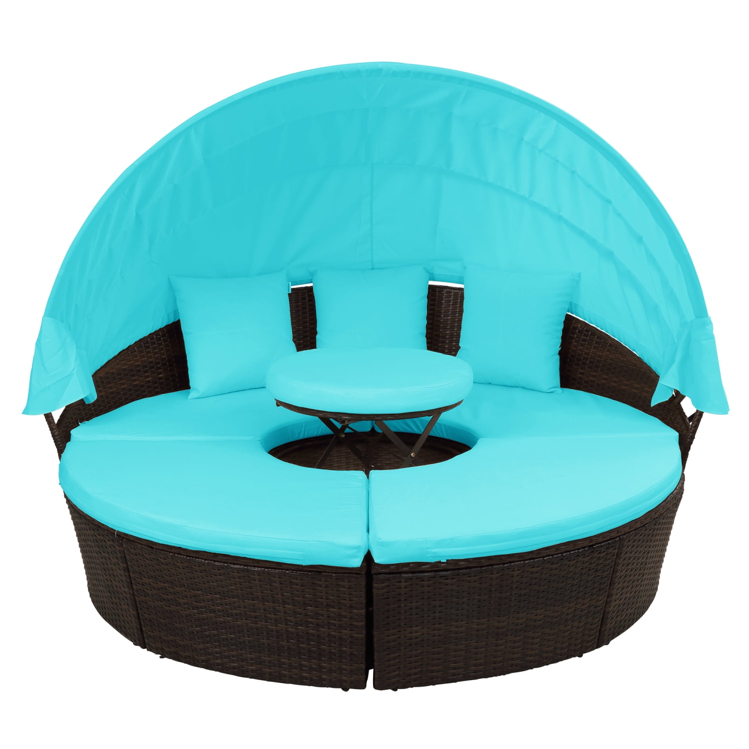 Outdoor Round Daybed with Retractable Canopy, Wicker Patio Bed, 4 Piece