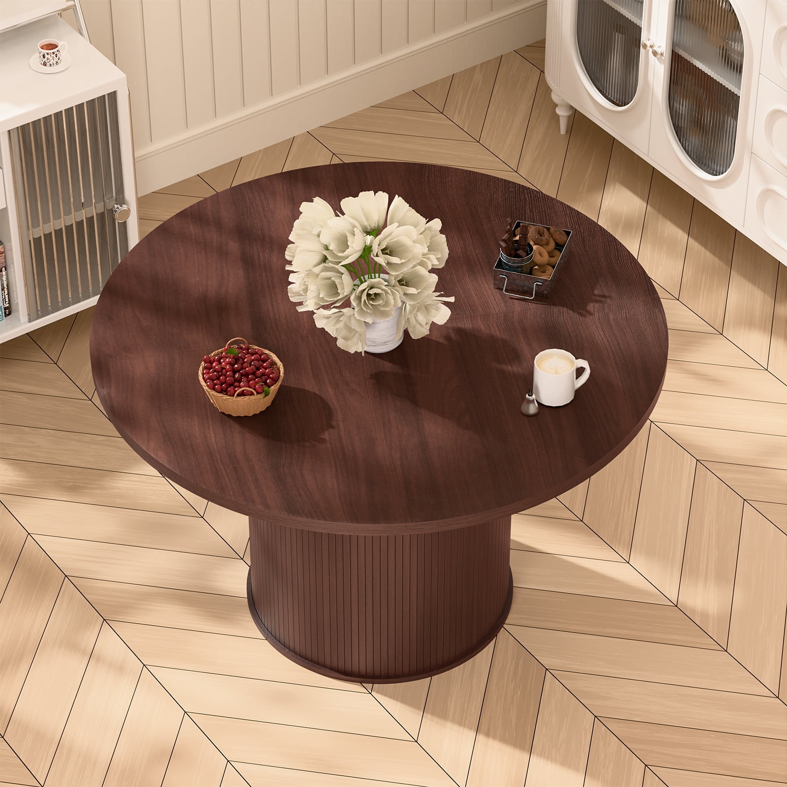 Hommpa 48" Round Dining Table Morden Kitchen Table Wood for 4 with Wood Slide Door for Kitchen Living Room,Heavy Duty Pedestal Base,Brown