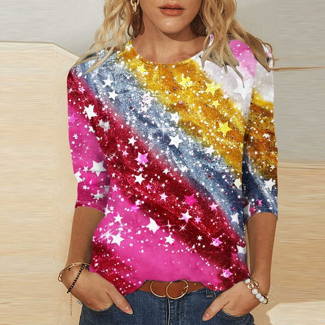 Fridja Liquidation T-Shirts Drapeau des États-Unis pour Femmes Fête de l'Indépendance Mode Imprimé Col Rond Manches 3/4 T-shirt Haut pour Rendez-Vous(Rouge,P)
