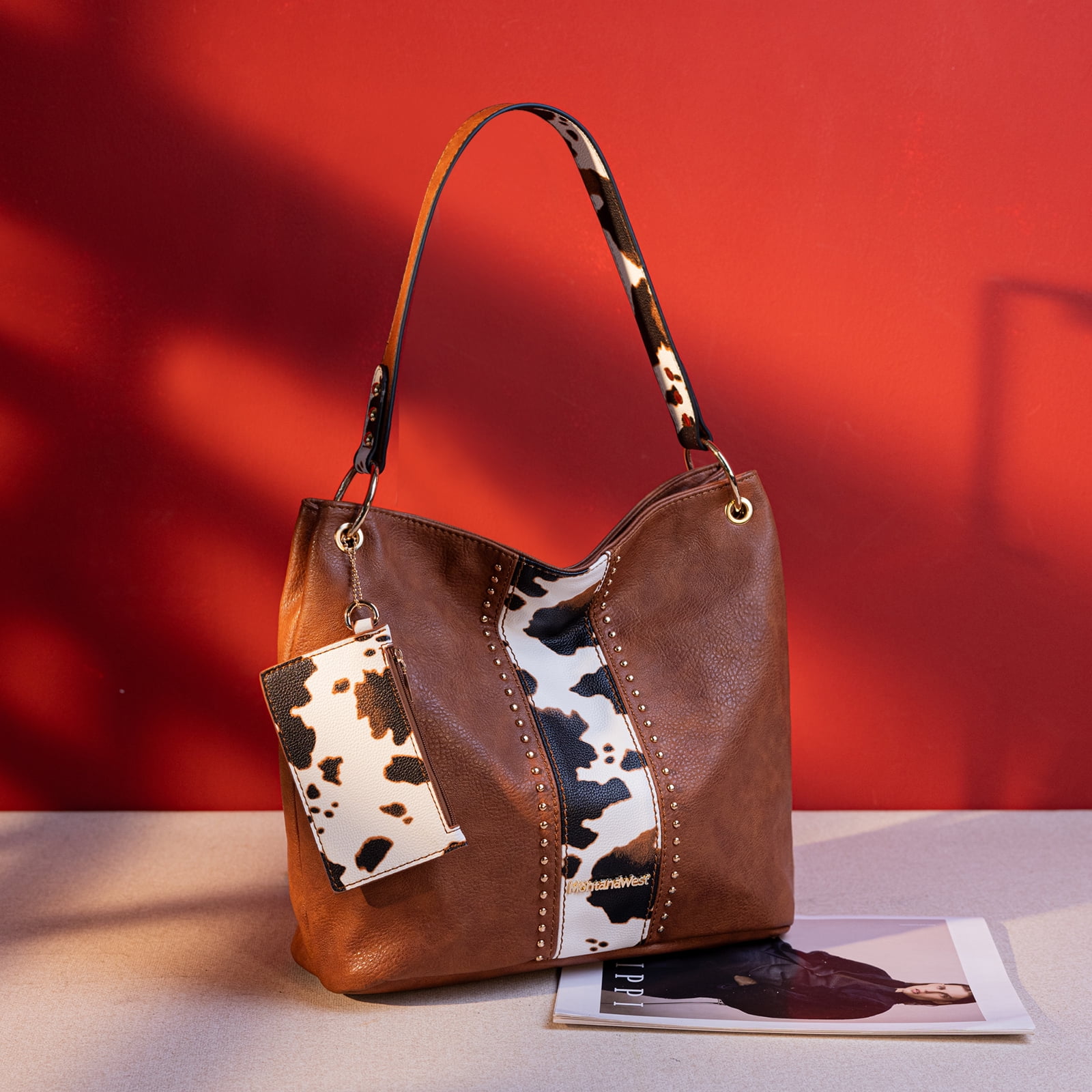 Montana West Purses for Women Hobo Shoulder Handbags with Zipper, Cow Print-Brown