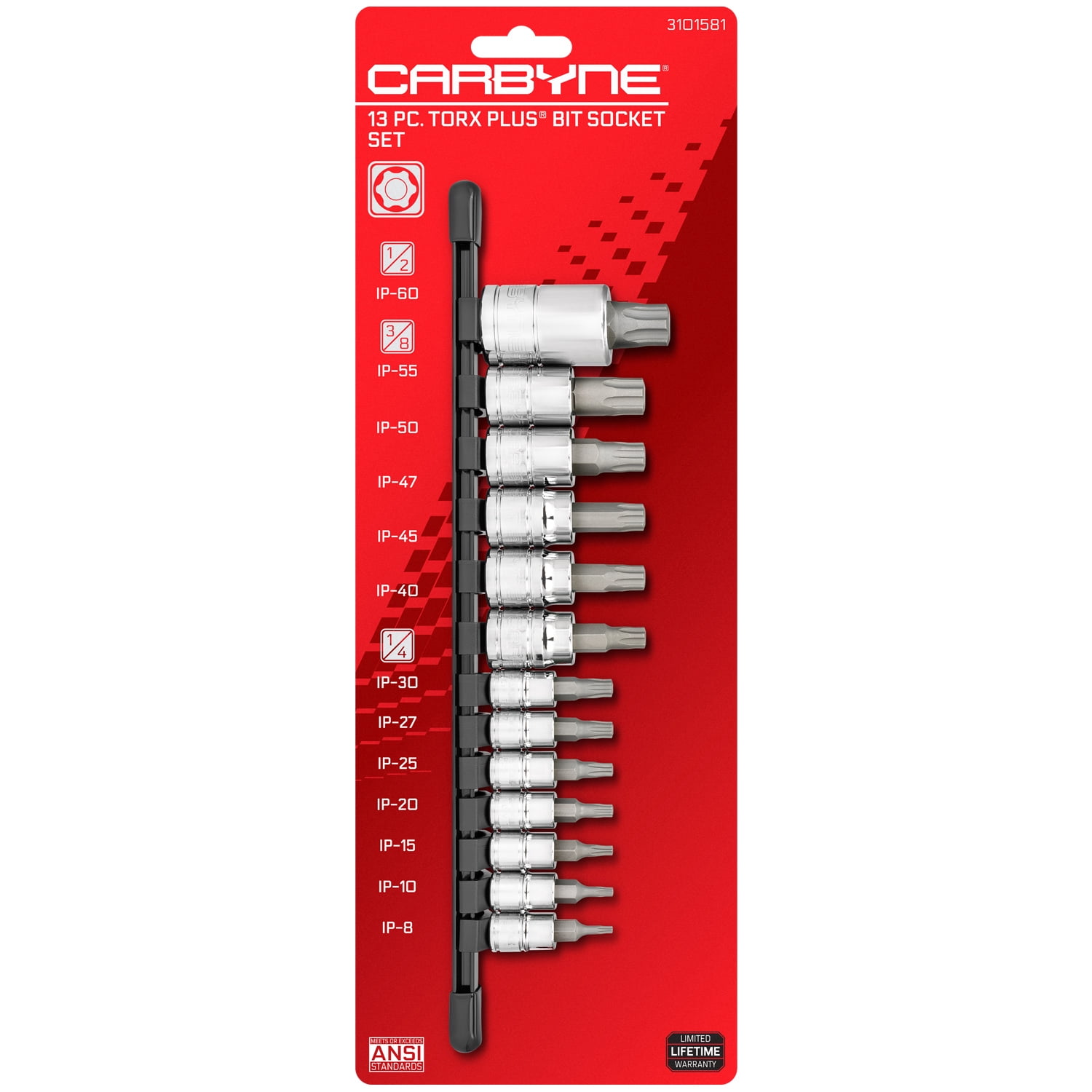 Carbyne 13-Piece Torx Plus Bit Socket Set, 6 Lobe, Tp-8 to Tp-60, S2 Steel Bits, CrV Sockets, 1/4 in. 3/8 in. 1/2 in. Drive, Zinc Phosphate