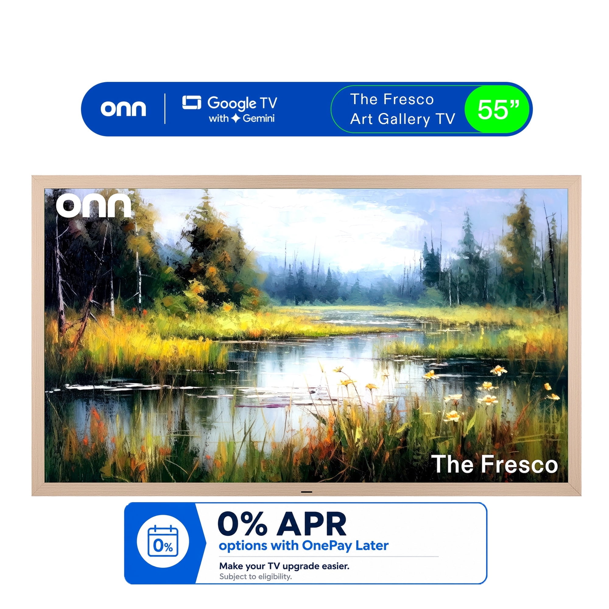 onn 55" The Fresco Art Gallery 4K UHD Google TV with Gemini , Golden Brown Frame and Mounting Kit