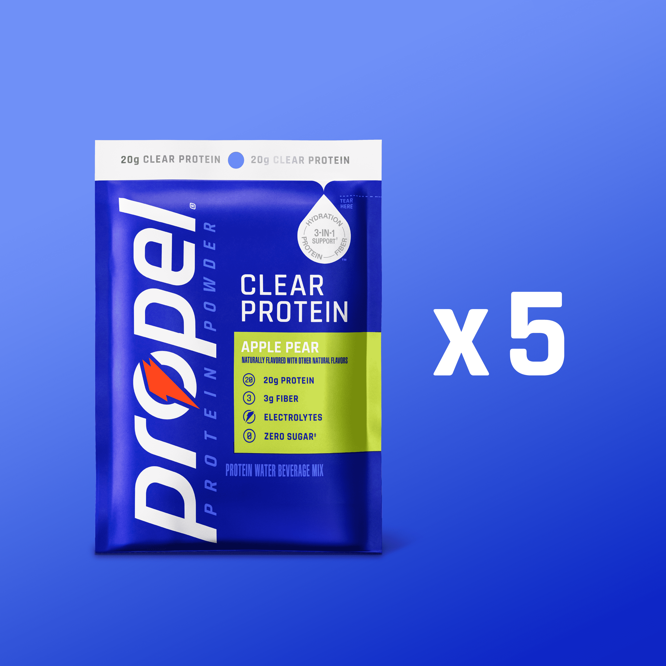 (5 pack) Propel Clear Protein Powder, 20g Protein, Zero Sugar, Apple Pear, Powdered Clear Protein Drink Mix 0.98 oz