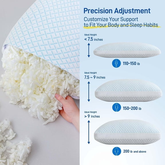Shredded Memory Foam Cooling Soft Pillows Queen Size Set of 2, Adjustable Hypoallergenic Hotel Quality Pillow for Back, Side and Stomach Sleeper, Bamboo Viscose Cover, Oeko-TEX Certified