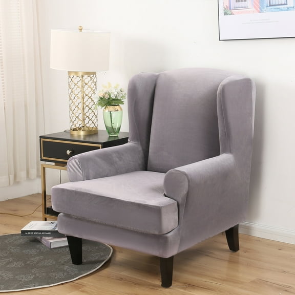2-Pieces Elastic Wing Chair Slipcover Universal Arm Wingback Cover Furniture Protector Stretch Sofa Slipcovers for Living Room, Sliver Grey