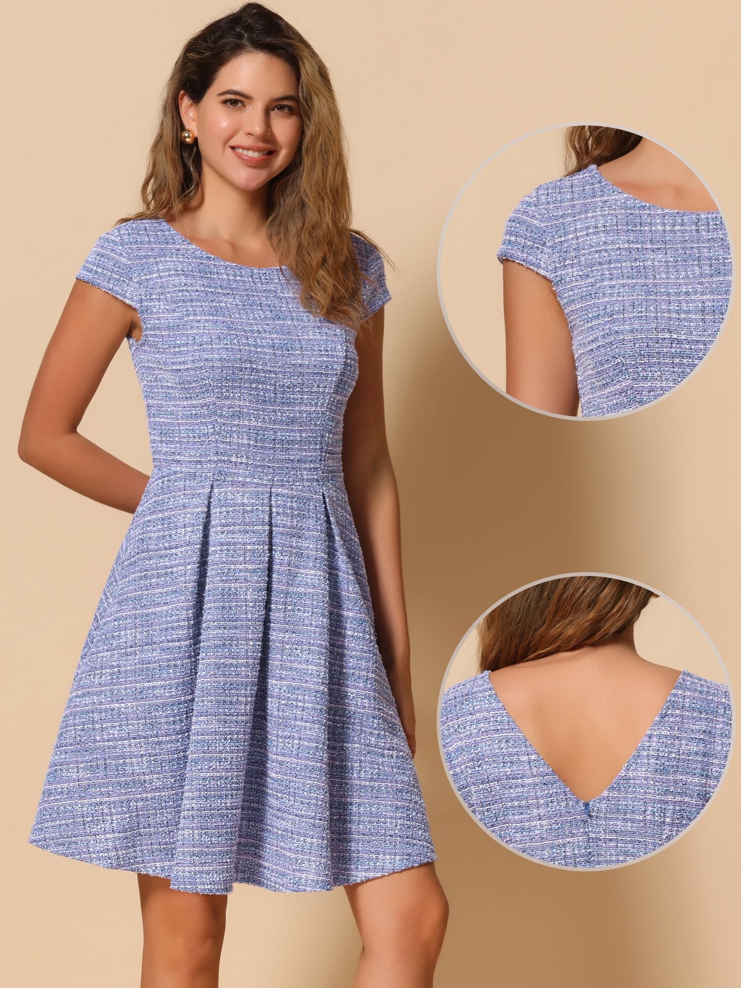 DARING DIVA Women's Tweed Cap Sleeve A Line Vintage Pleated Dresses L Blue Purple