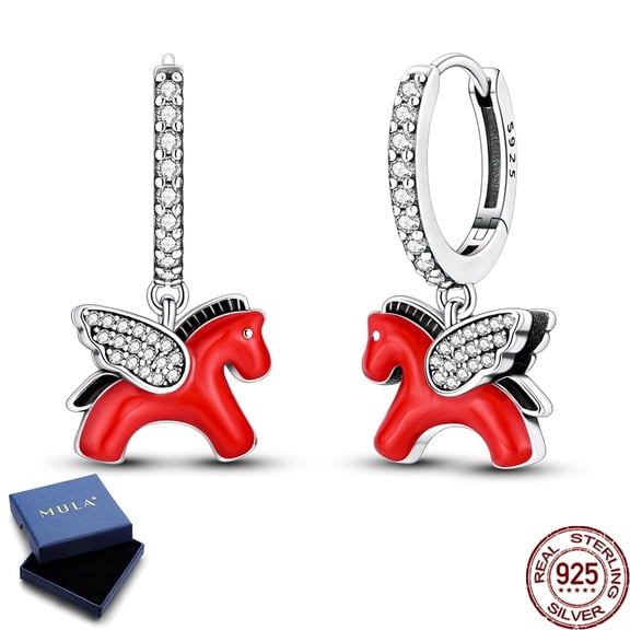MULA Cute Red Horse Hoop Earrings 925 Sterling Silver Sparkling AAA CZ Jewelry Gift for Her