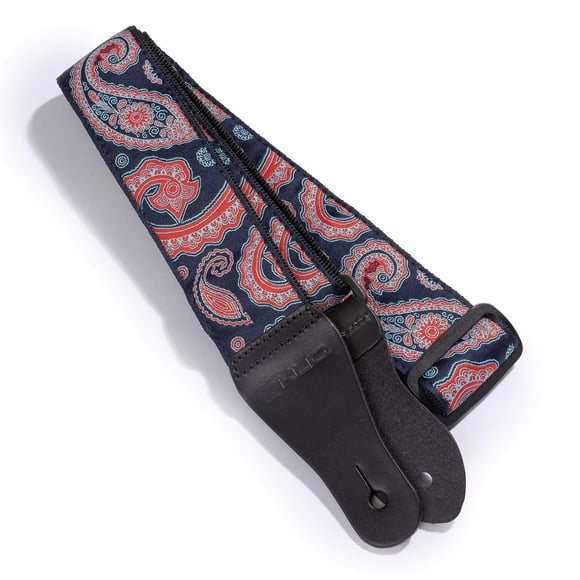 KLIQ Vintage Woven Guitar Strap for Acoustic and Electric Guitar | '60s Jacquard Hootenanny Style | 2 Rubber Strap Locks Included (Paisley-Blue/Red), Paisley-blue/Red, Regular