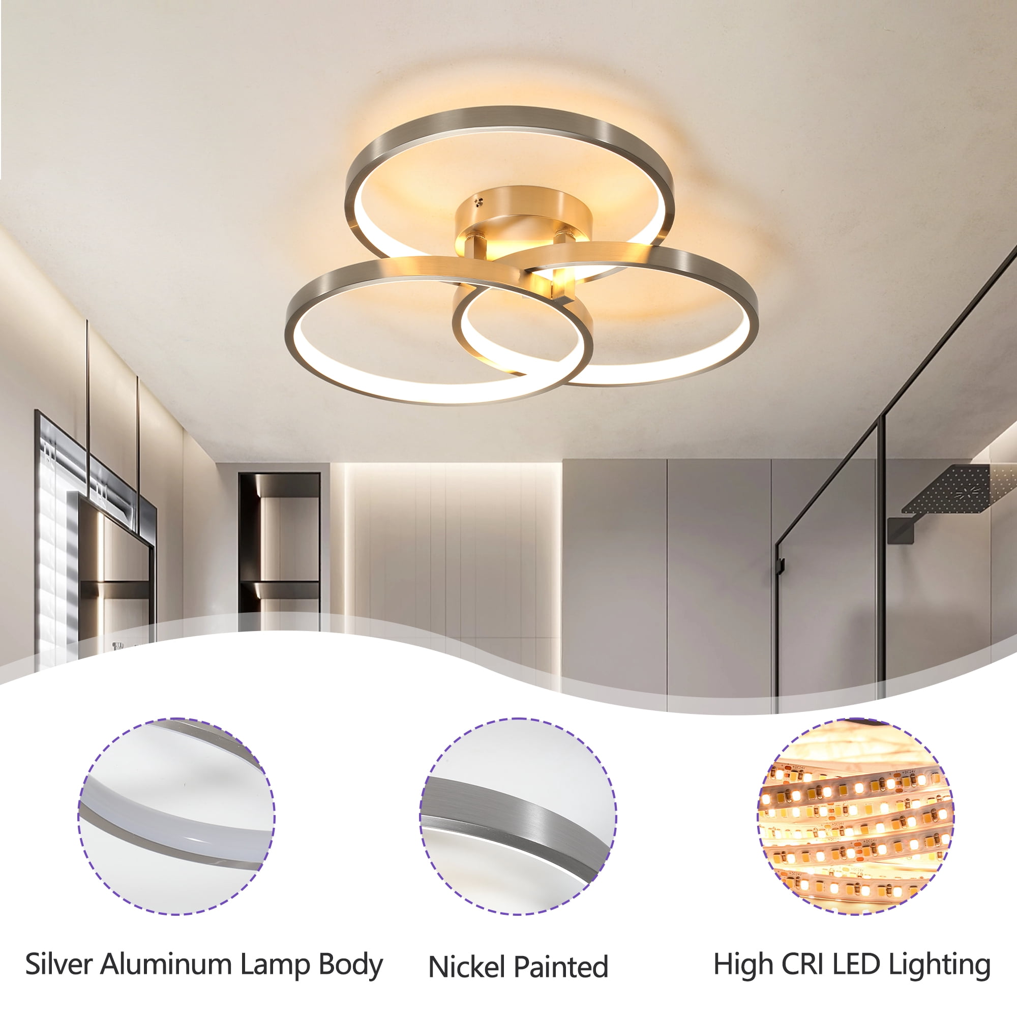 GCGAFUL 19.7"LED Flush Mount Ceiling Light, Modern Silver Close-to-Ceiling Light with 3CCT for Bedroom, Living Room, Hallway