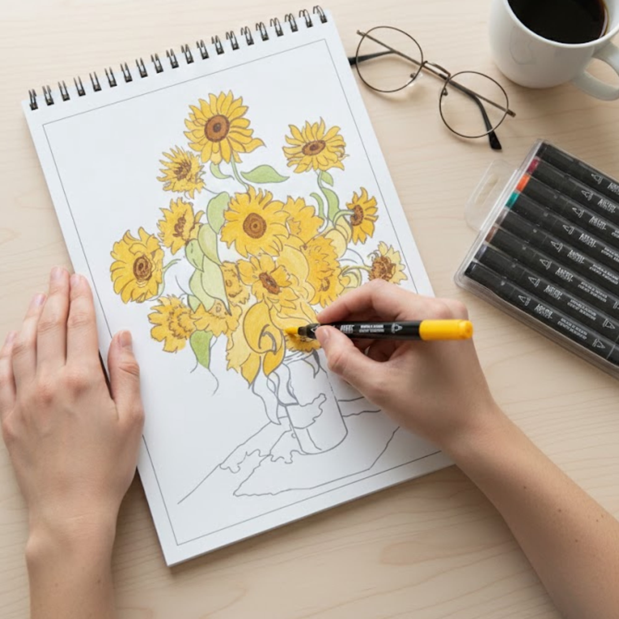 Artist Concepts Coloring Book with 12 Dual-Ended Alcohol Markers for Coloring, Black