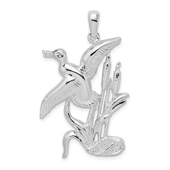 Finest Gold Sterling Silver Polished Duck Flying Over Cattails Pendant