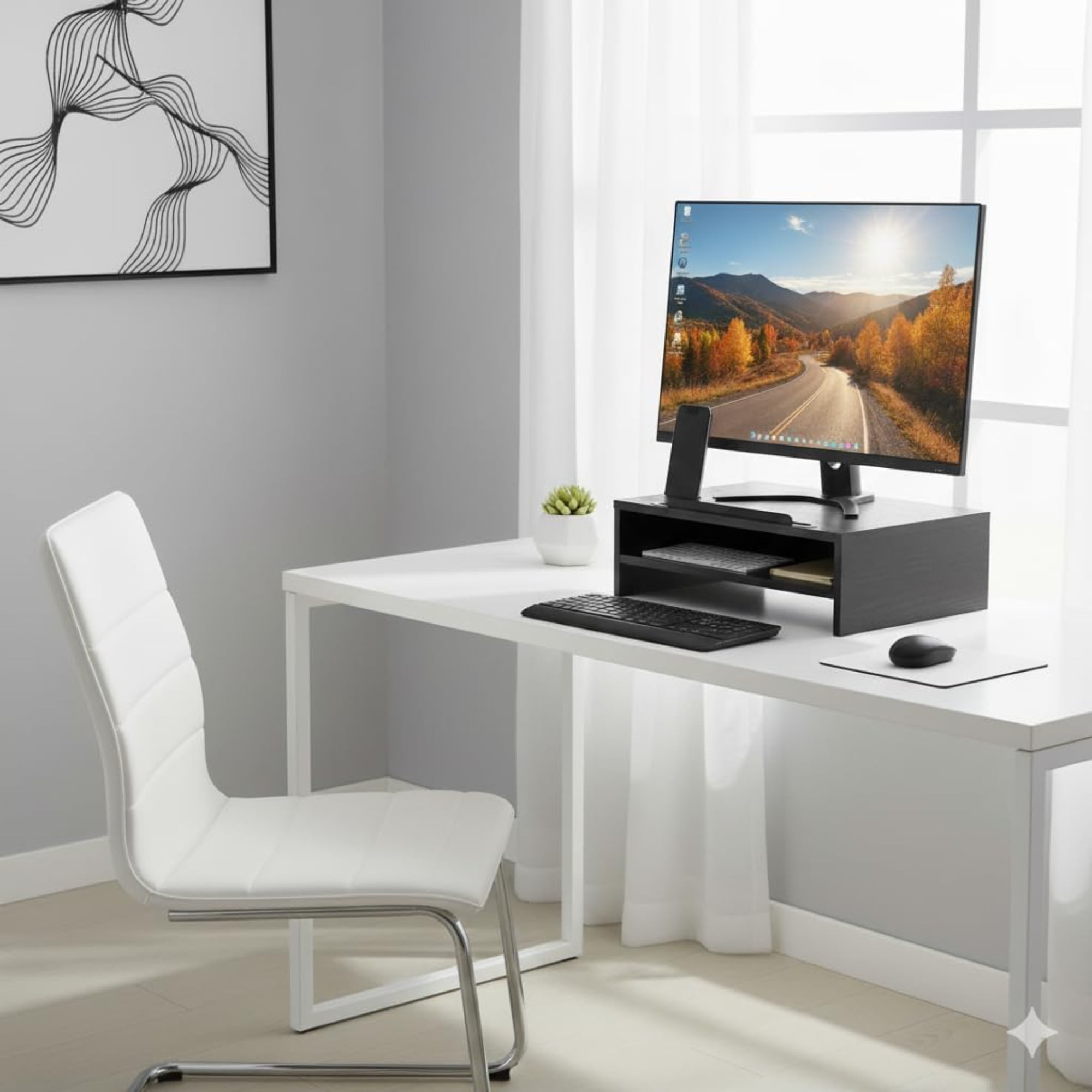 JEZWX Computer Monitor Stand Riser - 2-Tier Desk Shelf with Storage Organizer with Cellphone Holder, Black, 15.7 inch