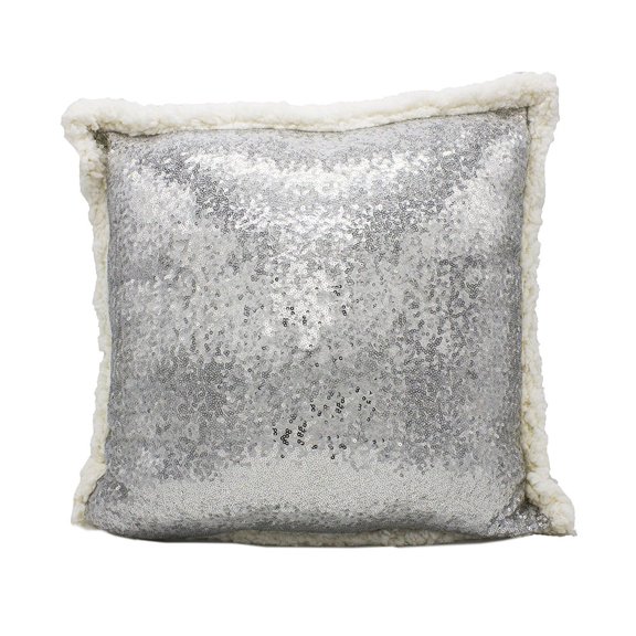 Fennco Styles Charming Sequin and Sherpa Decorative Throw Pillow (18"x18" Square, Silver)