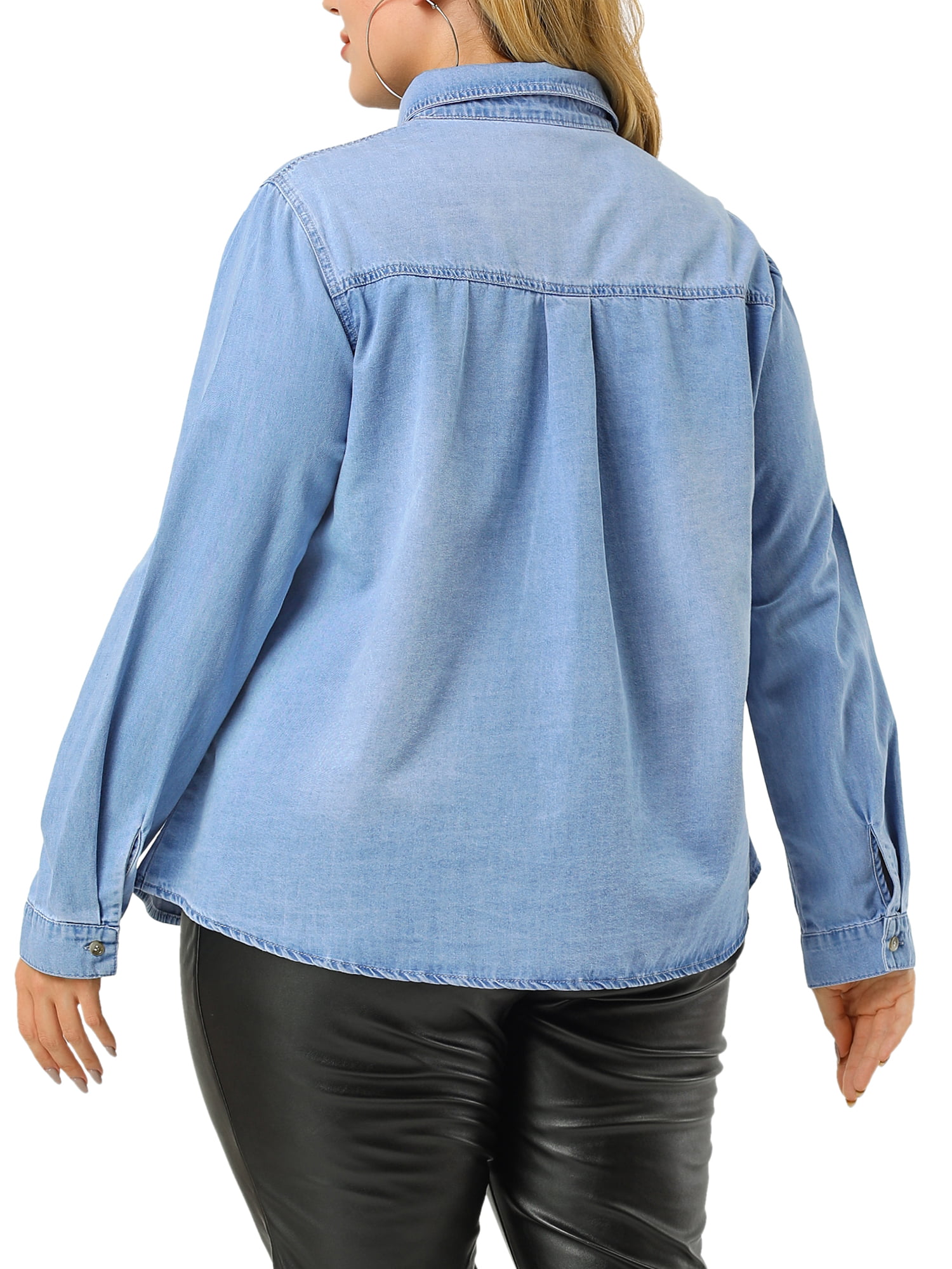 Unique Bargains Women's Plus Size Chest Pocket Long Sleeve Denim Chambray  Shirt 2X White Blue 