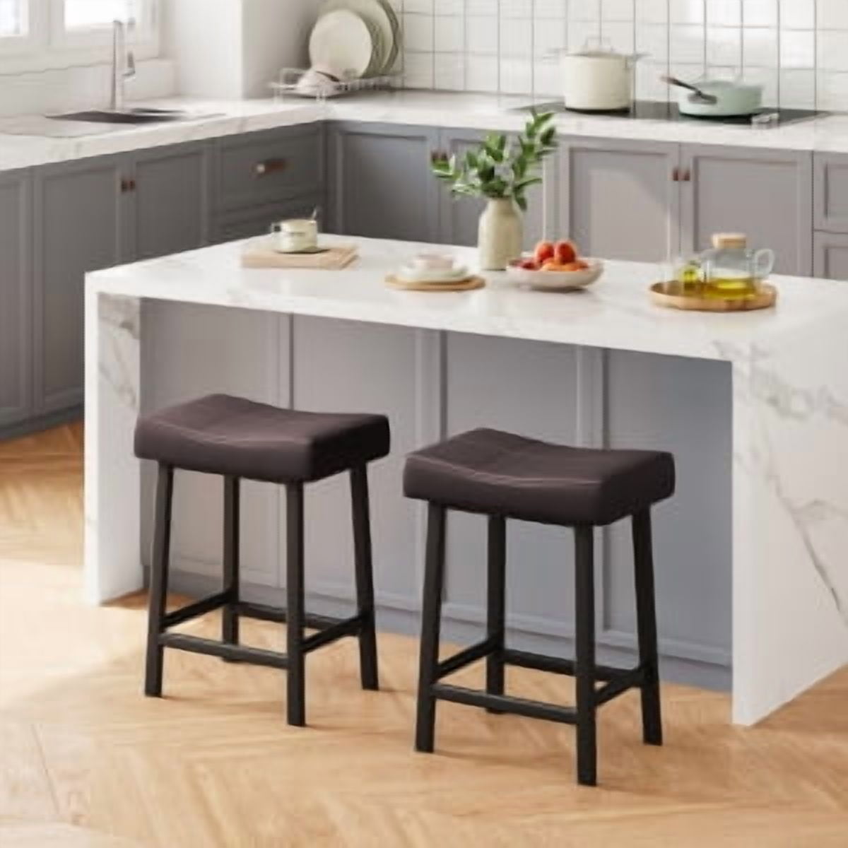 Acekid Bar Stool Set of 4&nbsp;– 24 Inch Counter Height, Upholstered Padded Seat with Curved Surface, Ergonomic Saddle Design for Kitchen/Home, Black + Brown Cushion