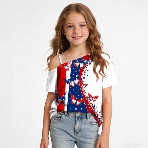 Odeerbi Niñas 4 de Julio Camiseta de Un Hombro Manga Corta Día de La Independencia Tops Gráficos