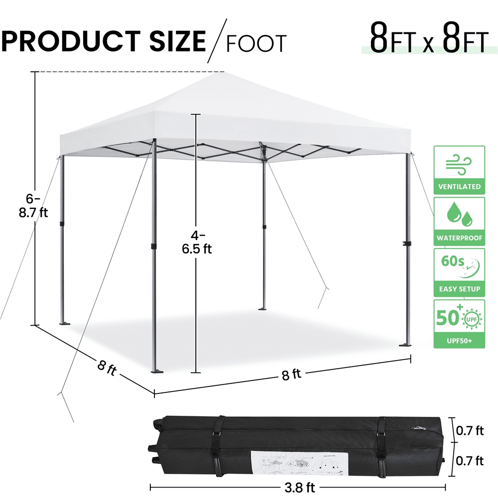 Renwick 8x8 Ft Instant Pop Up Canopy with One Push To Lock Setup Mechanism, White