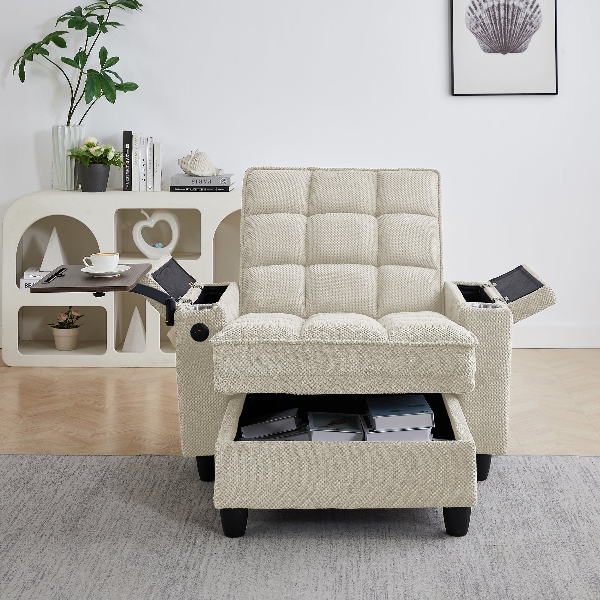 Gewnee 3-in-1 Convertible Sleeper Chair, Pull Out Single Sofa Bed with Adjustable Backrest, 360° Swivel Side Table, USB Charging Ports & Cup Holders, Ideal for Dorms & Offices, Beige