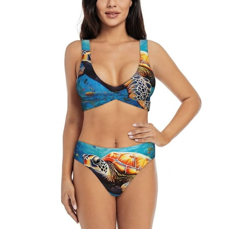 Zeuib Colorful Underwater Sea Turtle High Waisted Tummy Control Bikini Set - Knot Front Push Up Top & Cheeky Thong Bottom  Two-Piece Swimsuit for Women-X-Large