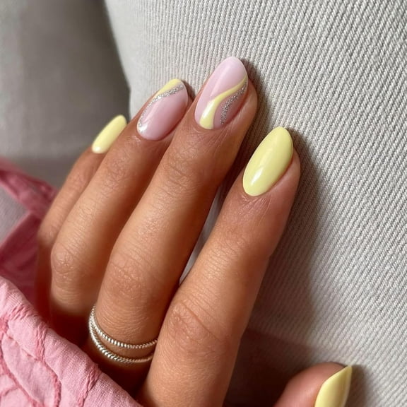 Short Almond Press on Nails Yellow Fake Nails False Nails with Designs Glitter Swirl Full Cover Glossy Glue on Nails Stick on Nails Acrylic Nails for Women Girls 24 Pcs 1 24 Fl Oz (Pack of 1)
