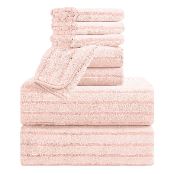 Jessy Home 8 Pcs Pink Bicolor bar Stripe Large Bath Towels Set 2 Oversized Bathroom Towels, 2 Hand Towels, 4 Washcloths
