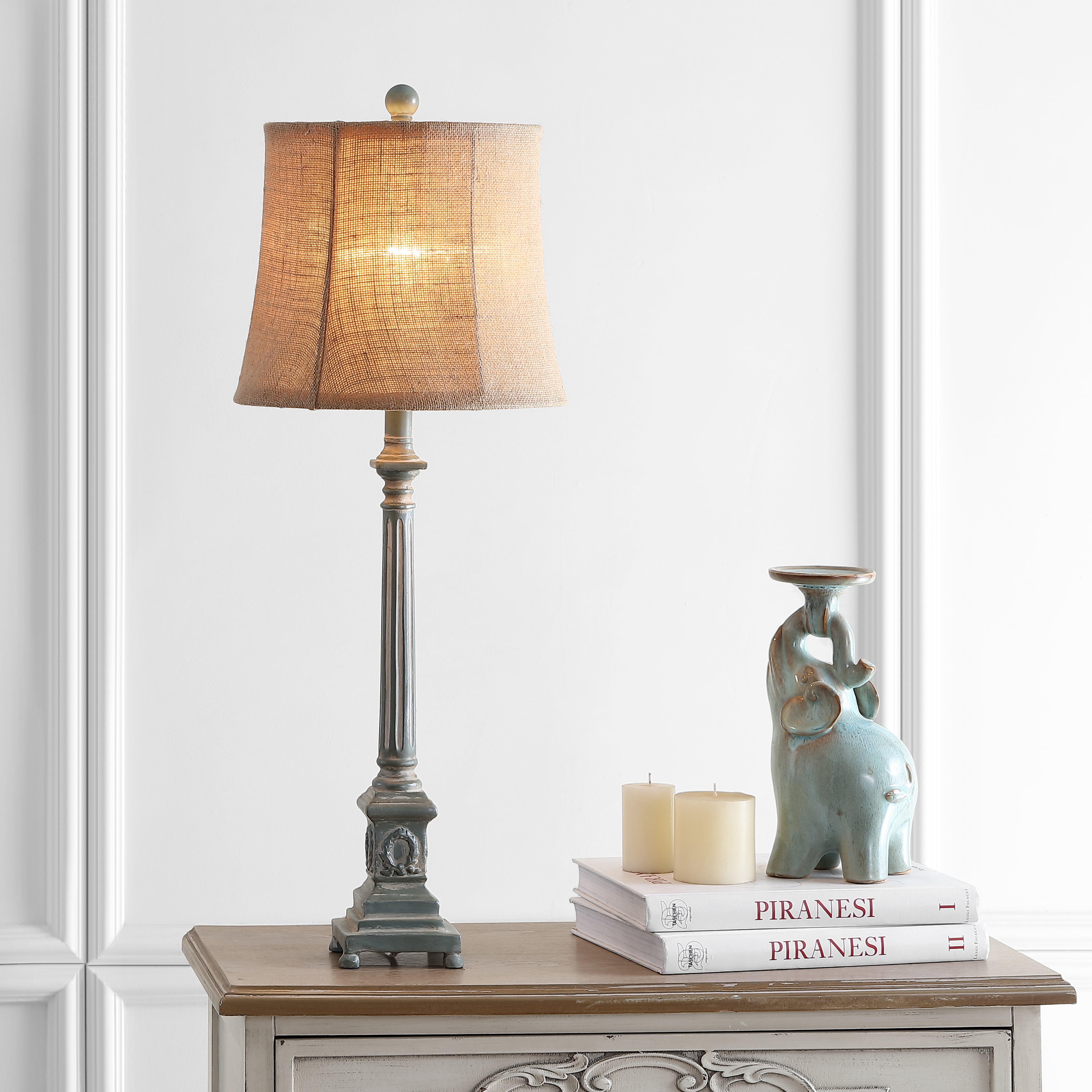Safavieh Collin 35.1" Traditional Antique Blue Table Lamps with Brown Solid Print Shades