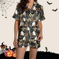 thumbnail image 5 of HCNTES Halloween Pajamas Women Satin Silk Button Up Shirt and Shorts Pjs Sets Funny Spooky Pumpkin 2 Piece Graphic Sleepwear(T245-Purple,XL), 5 of 6
