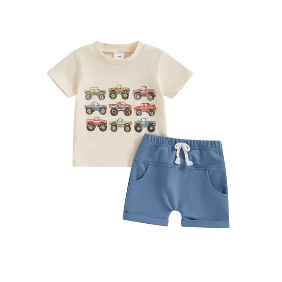 Toddler Baby Boys Summer Outfits 6 12 18 24 Months 2T 3T Retro Truck Print Round Neck Short Sleeve T-Shirts Elastic Waist Shorts 2Pcs Clothes Set