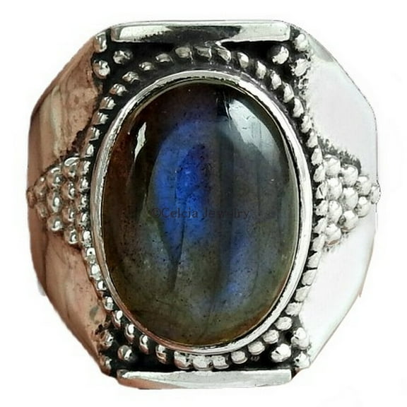 Genuine Labradorite Blue Fire Gemstone Oval Ring, Designer Band Ring, Statement Promise Ring, Spiritual Gifts, Initial Ring, Cocktail Ring, Bohemian June Birthstone (Labradorite, Size 7)