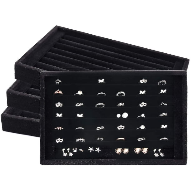 Soporte para anillos, paquete de 4 cajones de terciopelo con 7 ranuras para anillos y pendientes