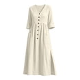 thumbnail image 4 of CHGBMOK Cotton Linen Dresses for Women Fall 3/4 Sleeve V Neck Fitted Waist Dress Side Slit Midi Dress with Pockets, 4 of 6