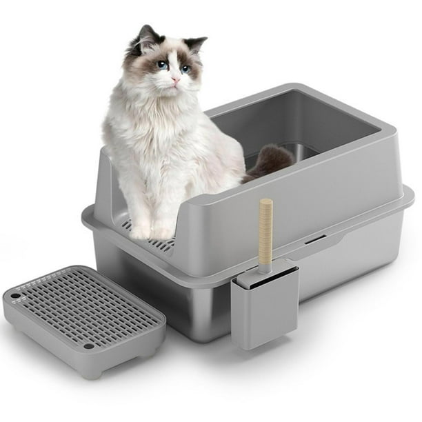 Arenero para Gato de Acero Inoxidable XL Caja de Arena con Tapa y Bordes Altos Antifugas, Fácil de Limpiar y Antiadherente, para Gatos Grandes, Incluye Cuchara y Filtro Antifugas